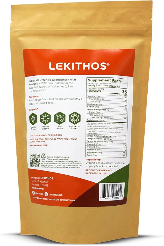 Organic Sea Buckthorn Powder | Organic Omega 6-7-9 Antioxidant Support with Vitamin C E &amp Zinc | Grown in Alpine Italy | USDA Organic Vegan Non-GMO Gluten-Free No Additives | 12oz (340g)