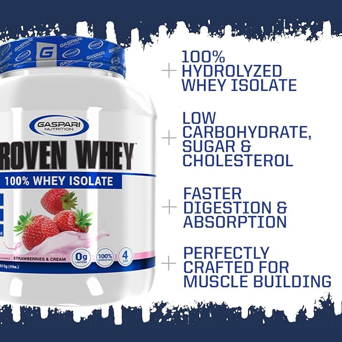 Gaspari Nutrition Proven Whey 100% Hydrolyzed Whey Isolate High Protein Lactose Free Low Carbohydrate and Low Sugar (4lb Vanilla Ice Cream)
