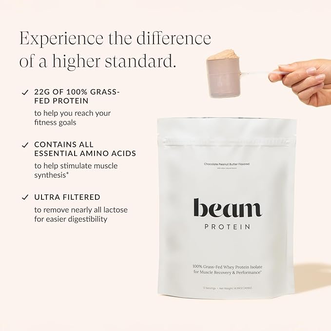 Beam Grass Fed Whey Protein Powder – Chocolate Peanut Butter 12 Servings 22g Protein Per Serving Clean Whey Isolate &amp Concentrate Low Carb Paleo Friendly GMO Free Gluten Free 3rd Party Tes