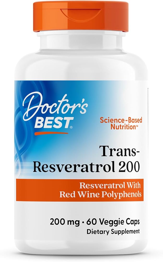Doctors Best Trans-Resveratrol 200 Resveratrol with Red Wine Polyphenol (ResVinol) Non-GMO Gluten Free Soy Free Vegan 60 Veggie Caps
