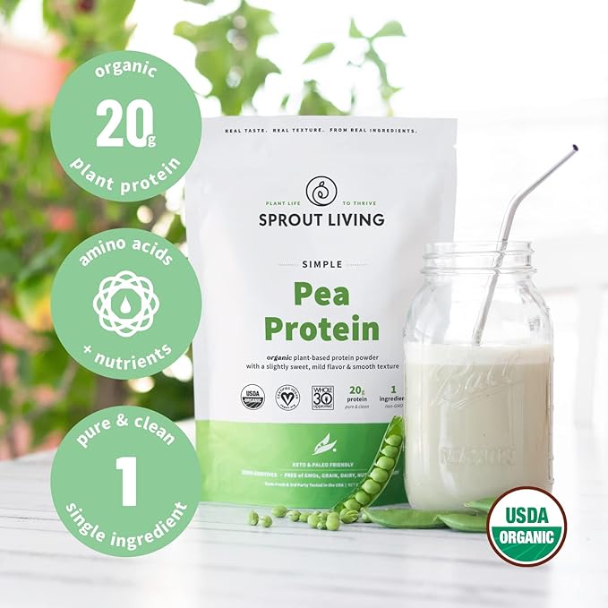 Sprout Living Organic Pea Protein Powder Unflavored 20 Grams of Plant Based Organic Protein Powder Without Artificial Sweeteners Non Dairy Non-GMO Vegan Gluten Free (5 Pound 95 Servings)