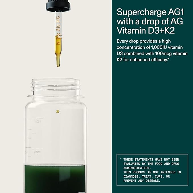 AG1 Vitamin D3 K2 Drops 1000IU of Vitamin D3 and 100mcg of K2 per Serving Supports Bone Density and Calcium Absorption (Athletic Greens)