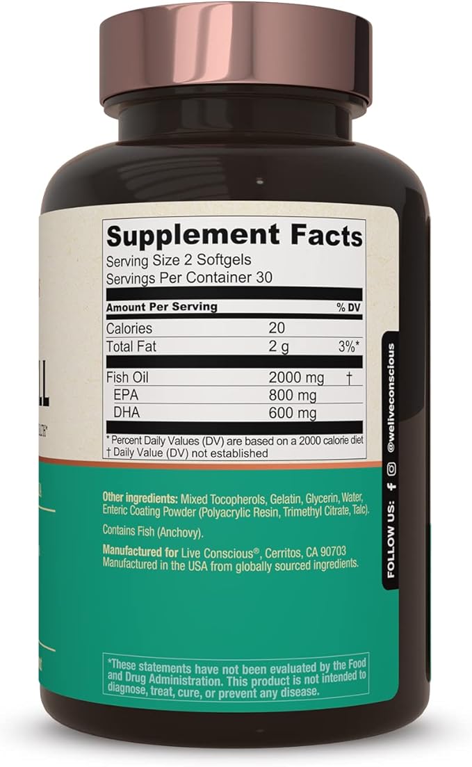Live Conscious OmegaWell Fish Oil: Heart Brain and Joint Support | 800 mg EPA 600 mg DHA - Enteric-Coated Sustainably Sourced - Easy to Swallow 120 Count (2-Pack)