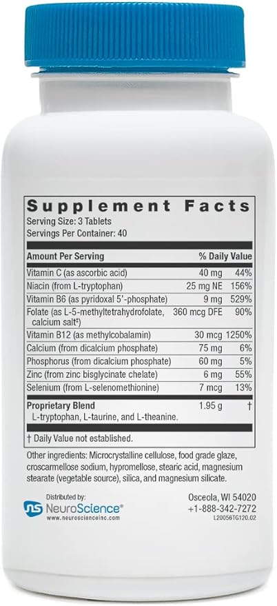 Neuroscience TravaGen - Emotional Support and Stress Relief Supplement with L-Tryptophan L-Theanine and B Vitamins - Supports Serotonin GABA Balance and Sleep Quality (120 ct)