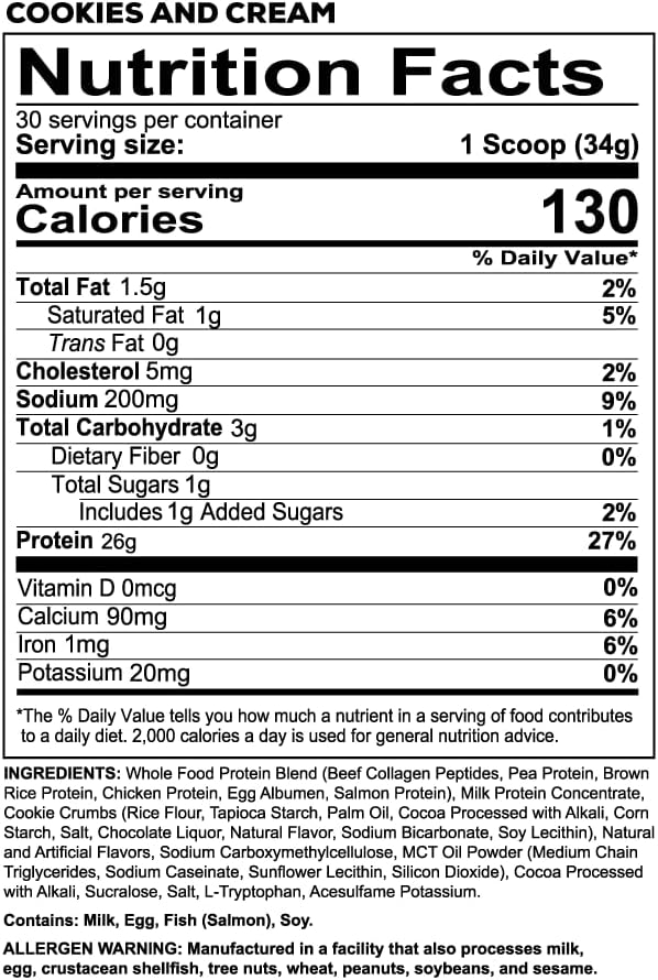 REDCON1 MRE LITE Whole Food Protein Powder Cookies &amp Cream - Lactose Free Meal Replacement with Animal Protein Blends - Easy to Digest Formula - Only 3g Carb per Serving (30 Servings)