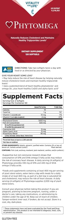 Phytomega - Phytosterols Omega-3s (EPA 330mg and DHA 220 mg) CoQ10 and Alpha Lipoic Acid - 120 Softgels