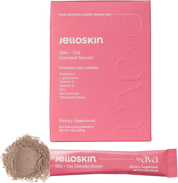 byAVA Jelloskin Skin + Gut Essential Prebiotic Booster Powder | L-Glutamine 1500mg Vitamin C Zinc Niacinamide | 30 Servings | Glowing Skin Gut Health Support | Antioxidants Camu Camu &amp Spiruli
