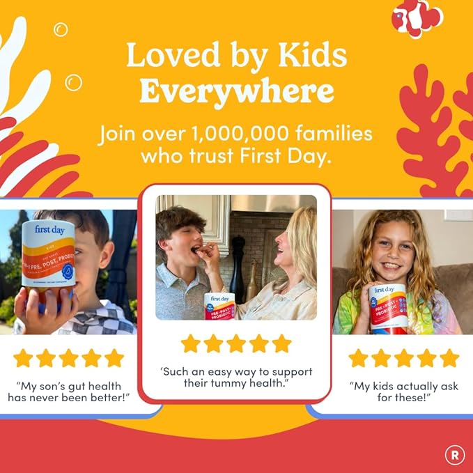 FIRST DAY Kids 3-in-1 Probiotic Gummies – Prebiotic + Probiotic + Postbiotic Supplement – Supports Digestive &amp Oral Health Immune Function &amp Energy Levels – 30-Day Supply