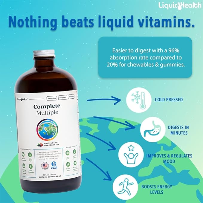 LIQUIDHEALTH Complete Multiple &amp Mega Energy B-Complex Daily Liquid Vitamins Bundle for Adults - Immune System Support Increase Energy Gut &amp Heart Health - Whole Foods Vegan Non-GMO Made