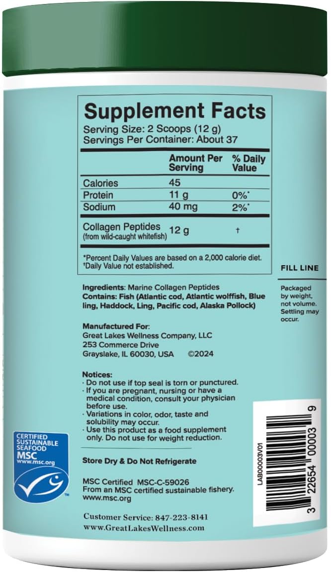 Great Lakes Wellness Sustainable Marine Collagen Peptides - Wild Caught MSC Certified - Unflavored Hydrolyzed Protein Powder - Support for Skin Hair Nails Joints &amp Digestion - iGen Non-GMO - 16