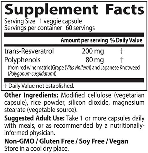 Doctors Best Trans-Resveratrol 200 Resveratrol with Red Wine Polyphenol (ResVinol) Non-GMO Gluten Free Soy Free Vegan 60 Veggie Caps