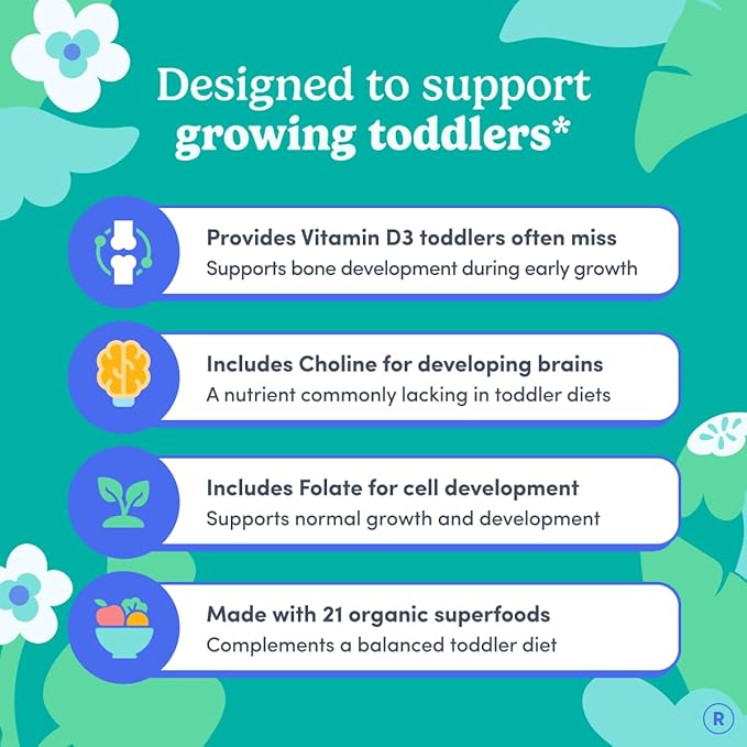 FIRST DAY Toddler Multivitamin Gummies (Ages 2-3)| Kids Multivitamin Gummies with Vitamins A C D3 B2 B12 Choline Folate and 21 Organic Superfoods| (30 Day Supply)