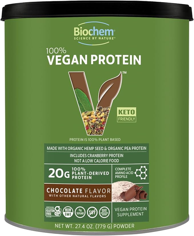 Biochem 100% Vegan Protein Natural Amino Acids Gluten Free Keto Non Whey Pea &amp Hemp Protein Powder for Women and Men - 24 Servings 2 LB (Chocolate)