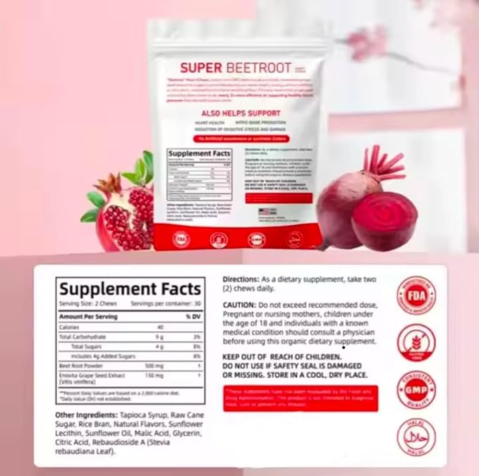 Beet Root Gummies Nitric Oxide and Blood Pressure Support Grape Seed Extract &amp Non-GMO Beet Root Energy Chew 60 Count