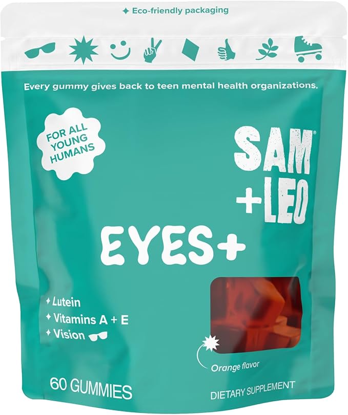 SAM+LEO Eye Vitamin Gummies with Lutein &amp Zeaxanthin for Kids &amp Teens - Eye &amp Vision Health Support Supplement Gummies + Vitamins A E &amp C | Vegan &amp Gluten Free Supplement - Orang