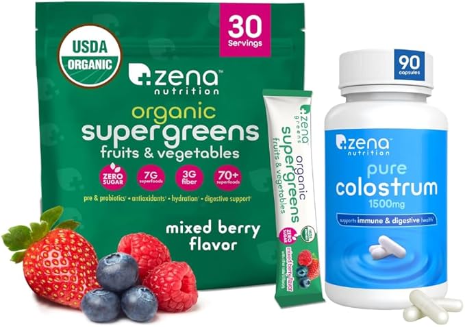 Zena Nutrition Organic Supergreens Greens Powder 70+ Superfoods Mixed Berry 30 Drink Mix Packets + Pure Colostrum Capsules 1500mg Supplement 1 Month Supply 90 Capsules