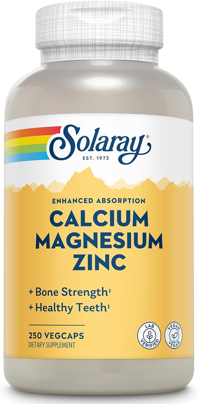 SOLARAY Calcium Magnesium Zinc Supplement - with Calcium 1000mg Magnesium 500mg - Bone Health Muscle Function Heart Health and Immune Support - Vegan 60 Day Guarantee 62 Servings 250 VegCaps