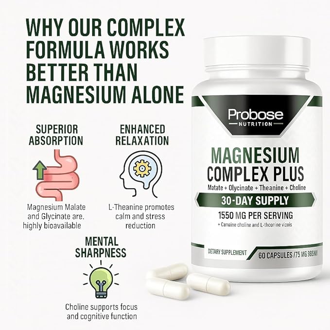 Probase Nutrition Magnesium Complex Plus with Glycinate Malate L-Theanine and Choline - Natural Support for Sleep and Cognitive Function - 60 Capsules - Calming Vitamins