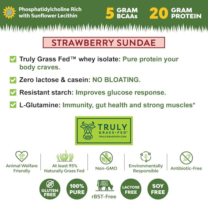 MariGold Grass-fed Whey Protein Isolate Powder - Strawberry Sundae Flavor - 1 Lb Bag | 100% Pure Cold-Processed Micro-Filtered Undenatured Non-GMO rBGH Free Soy Free Gluten Free Lactose Free