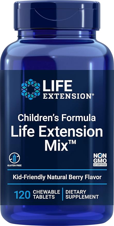 Life Extension Children's Formula Mix™ multivitamin for Kids 18 Essential Vitamins and Minerals Berry Flavored with no Added Sucrose Gluten-Free Non-GMO 120 chewable Tablets