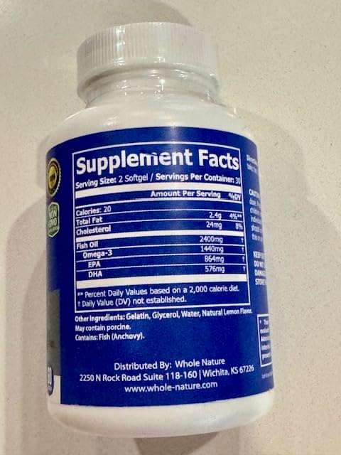 Omega 3 Fish Oil Supplements Maximum Strength 2400 mg Omega-3 1440mg Fish Oil EPA DHA Fatty Acids Heart Health Vision Eye Brain Immune Support for Women &amp Men. Natural Lemon Flavor 60 ct