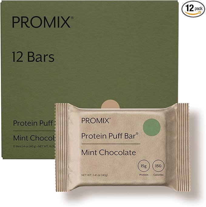 ProMix Protein Puff Bars 12-Pack - Mint Chocolate- Marshmallow Crispy Treat - Great Tasting &amp Healthy On The Go Snack - High Protein &amp Low Calorie - Non-GMO &amp Free From Gluten Soy &amp