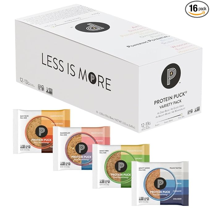 Protein Puck Plant Based Bars | Snacks with Vegan Protein | 16 Count | 3.25 oz Full Size | Gluten Free Non Dairy Kosher Certified Non GMO Premium Healthy Bars | Variety Pack