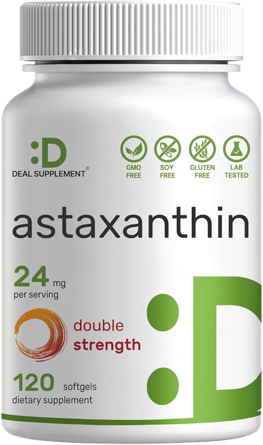 DEAL SUPPLEMENT Astaxanthin 24mg Per Serving (12mg Per Cap) 120 Softgels – Double Strength Microalgae – Antioxidant Supplements for Skin Eyes Joints &amp Immune Support – Non-GMO
