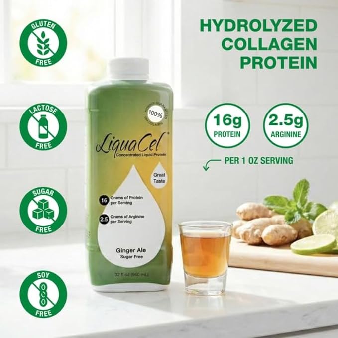LiquaCel Concentrated Liquid Protein Ginger-Ale Flavor Ready-to-Drink 16g Hydrolyzed Collagen Protein and 2.5g Arginine Per 1oz Serving Sugar &amp Gluten Free 32 fl oz Bottle Case of 6