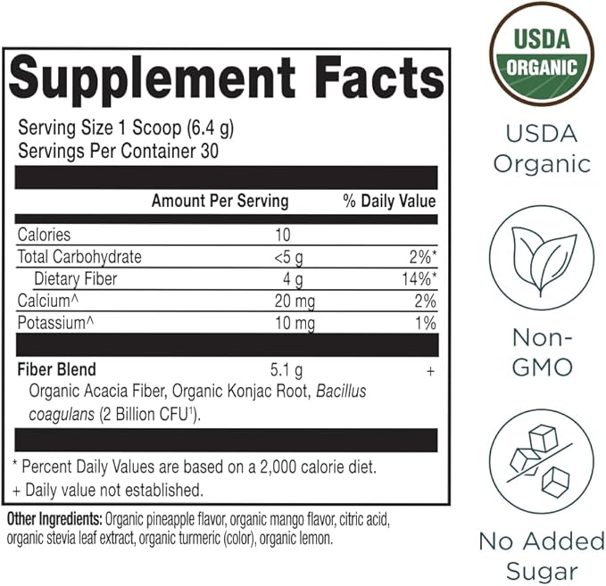 Ancient Nutrition Organic Fiber Powder Pineapple Mango Soluble Fiber from Acacia &amp Konjac Root Supports Digestive Health Reduces Bloating 6.4 oz