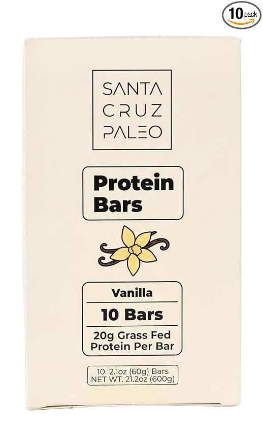 Santa Cruz Paleo Protein Bar – 20g Grass-Fed Whey &amp Collagen Protein – Wildflower Honey Sweetened No Seed Oils High Protein Snack Bar (Vanilla Flavor Pack of 10)