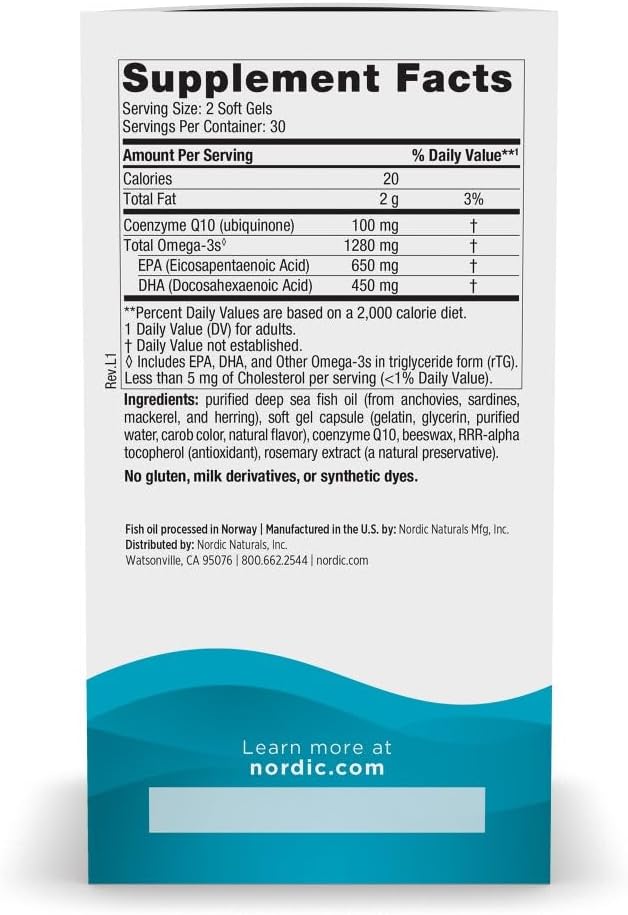 Nordic Naturals Ultimate Omega + CoQ10 Lemon - 60 Soft Gels - 1280 mg Omega-3 + 100 mg CoQ10 - Heart Health Cellular Energy Antioxidant Support - Non-GMO - 30 Servings