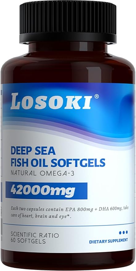 Losoki Deep Sea Fish Oil - 1000 mg EPA &amp DHA Omega-3 Fatty Acids Wild Caught Fish Premium Burpless Softgel Supplements - 60 ct