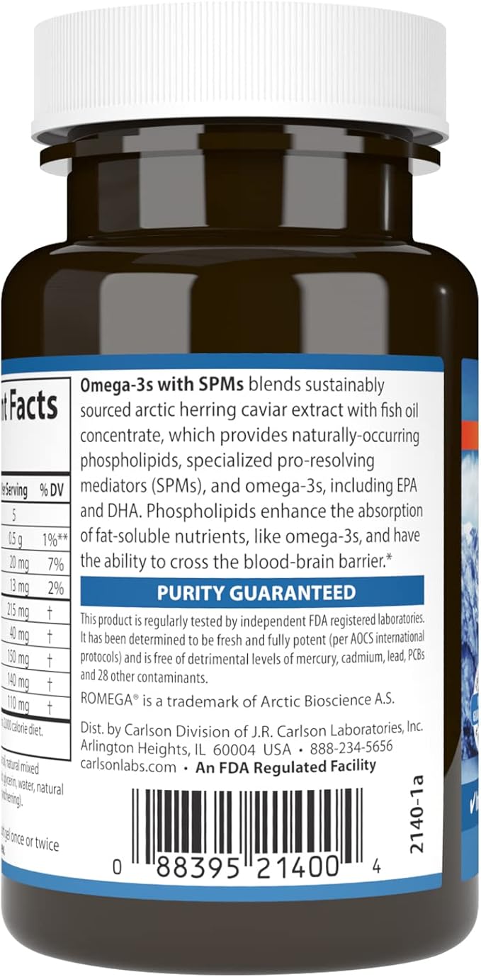 Carlson - Omega-3s with SPMs Phospholipid Omega-3s Pro-Resolving Mediators (PRMs) Healthy Brain Aging Cellular Support 60 Soft Gels