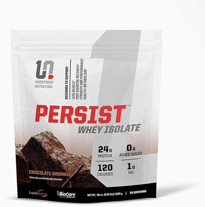Undefined Nutrition Persist Whey Isolate by Brian Shaw - 24g Protein 30 Servings – Supports Recovery Strength &amp Performance - Gluten Free Fast Absorbing (2.18lbs Chocolate Brownie)