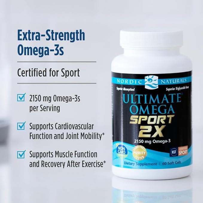 Nordic Naturals Ultimate Omega Sport 2X Lemon Flavor - 60 Soft Gels - 2150 mg Omega-3 - NSF Certified Fish Oil with EPA &amp DHA - Heart &amp Muscle Health Recovery - Non-GMO - 30 Servings