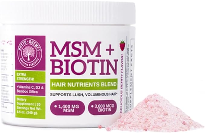 Qhemet Biologics MSM + Biotin Hair Nutrient Drink Mix - Vitamins Powder to Support Lush Volume - Bamboo Silica &amp Vitamins D3 + B12 for Hair Health - Jumpstart Your Hair Growth Journey (8.5 oz)