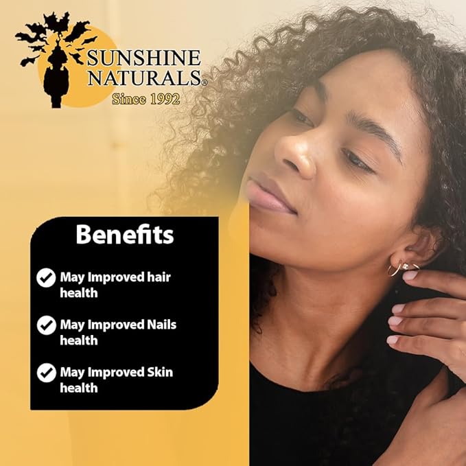 Sunshine Naturals Biotin Dietary Supplement. for Healthier Skin Thicker Hair Nail Growth. Collagen Vitamin A B for Hair Loss Beauty Cell Renewal Scalp Health. 5000 mcg. 90 Capsules. Pack of 3