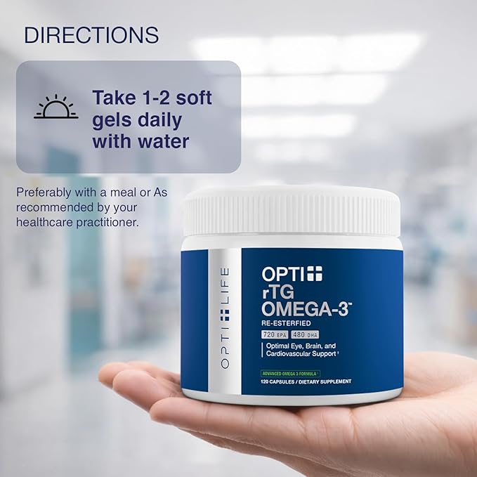 Opti + rTG Omega-3 Supplements | Heart Immune Brain and Eye Health Supplements for Adults | Daily Use Omega 3 DHA EPA Capsules | 120 Softgels/ 60 Servings