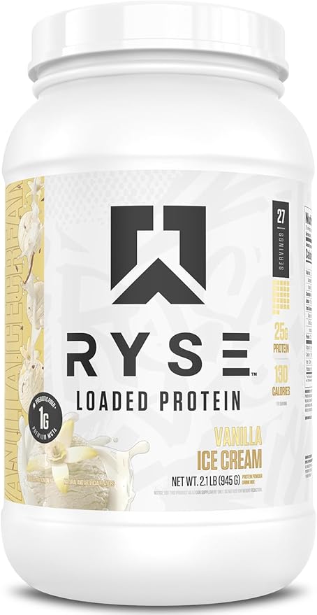 RYSE Loaded Protein Powder - Vanilla Ice Cream - 25g Whey Protein Isolate &amp Concentrate with Prebiotic Fiber &amp MCTs - Low Carb Low Sugar Digestive-Friendly - 27 Servings / 2 lb Tub