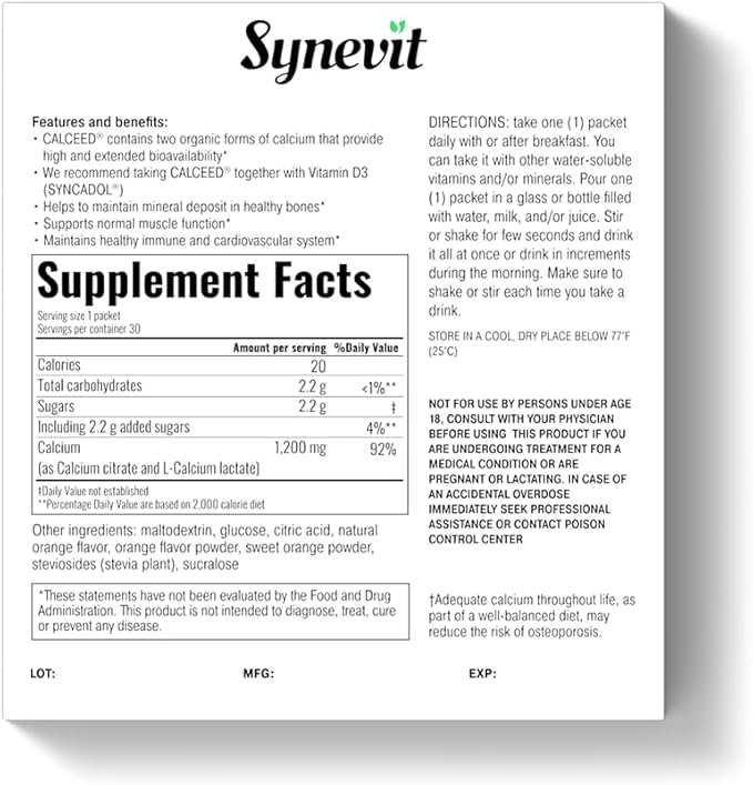 Calceed® Calcium Supplement Powder Packets 1200mg Organic Calcium Supports Healthy Bones &amp Muscle Function | 30 Packets