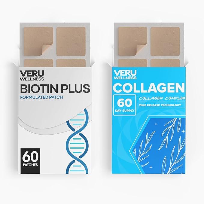 Veru Wellness Hair Skin Nail Duo Lifestyle Patches - Biotin Collagen - Self Adhesive Time Release Topical Patch 8-10 Hours (60 Day Supply)