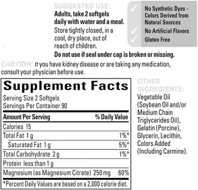 Nature Magnesium Citrate High Absorption Magnesium Citrate Supplement 250mg per Serving 180 Softgels Supports Muscle Heart Nerve and Bone Health
