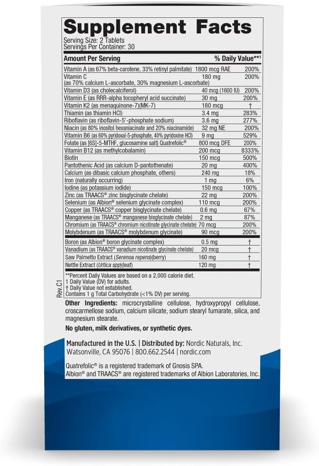 Nordic Naturals Men’s Multivitamin Extra Strength - Bone Energy &amp Blood-Vessel Support - Immunity Supplement - 20 Essential Nutrients - 60 Tablets - 30 Servings