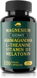 Magnesium Ashwagandha SupplementMagnesium GlycinateMelatoninL-Theanine Plus Vitamin D3Gluten Free120 Capsules