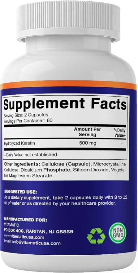 Vitamatic Hydrolyzed Keratin 500mg per Serving - 120 Vegetarian Capsules - Keratin Supplements for Healthy Hair Skin &amp Nails for Adults-2 Pack