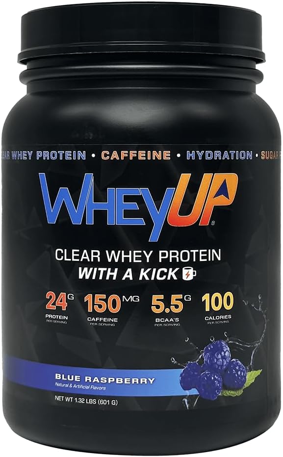WheyUP Clear Whey Isolate - 24g Protein + 150mg Caffeine - Blue Raspberry - Clear Whey Protein Powder - Sugar-Free - Keto-Friendly - Juice-Style Pre Post Workout Drink - 20 Servings