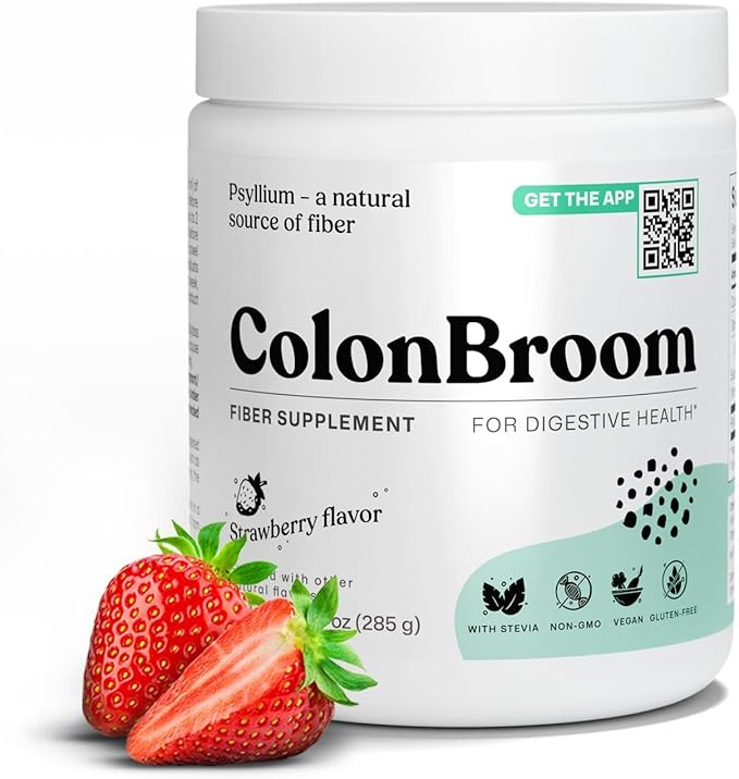 ColonBroom Psyllium Husk Powder (Strawberry) - Colon Cleanse for Bloating Relief &amp Gut Health - Colon Broom Fiber Powder Drink - Vegan Gluten Free Non-GMO Fiber Powder Supplement 50 Servings