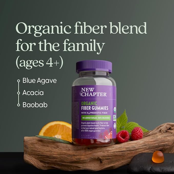 New Chapter Organic Fiber Gummies for Adults &amp Kids (Age 4+) Plant-Based Prebiotic Fiber for Digestive Health Vegan Non-GMO USDA Organic Gluten Free Citrus-Berry Flavored 60 ct (Pack of 2)