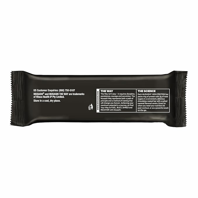 MUSASHI High Protein Bar 45g Protein 2g Total Sugars White Chocolate Caramel Post Workout and Protein Snack On The Go 12 Pack of 3.2oz (90g) Bars
